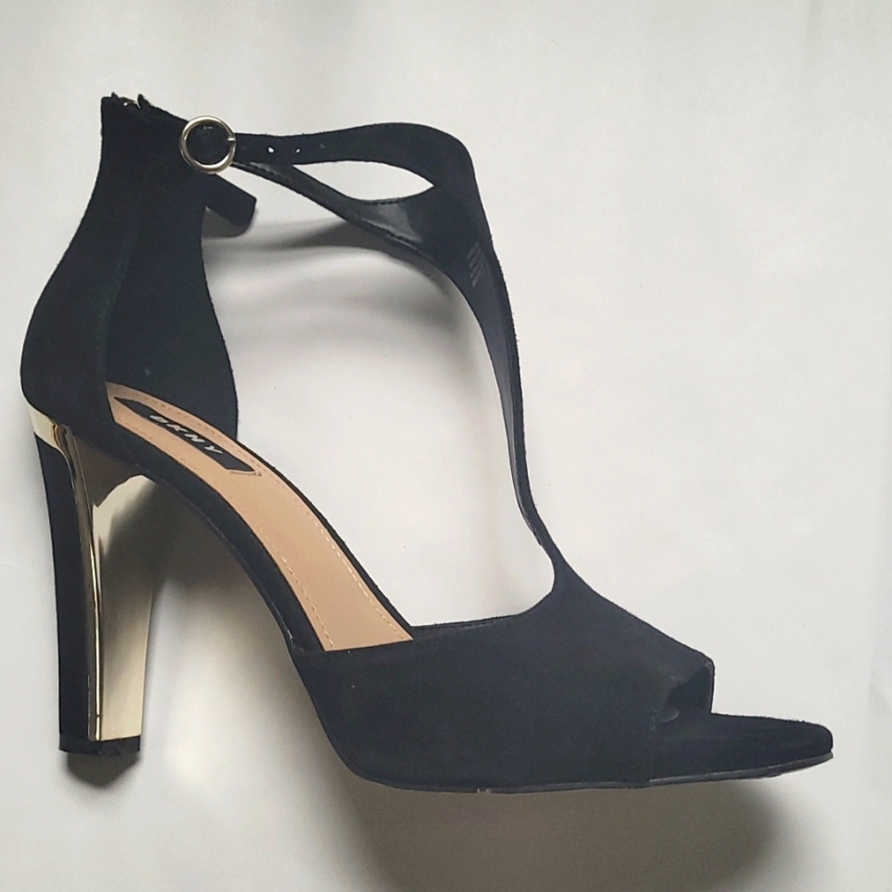 Black, DKNY open toe heels, gold details
